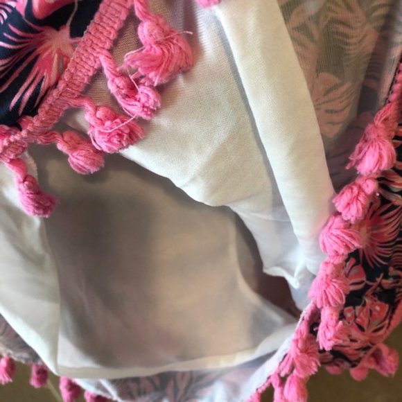 Sz M Simply Southern Turtle PomPom Tassels Lined Navy Blue & Pink Palms Shorts - Picture 5 of 11